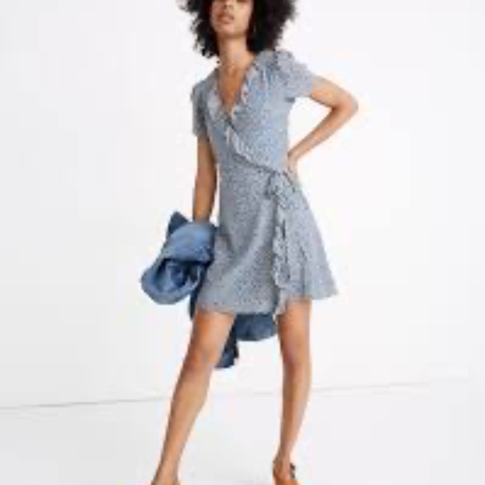 Madewell Silk Blue Bitsy Floral Wrap Dress Womens XS Ruffle CottageCore Spring